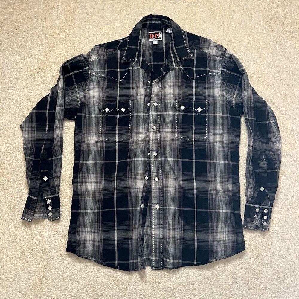 B&D Panhandle Slim Brooks & Dunn Size L Black Plaid Diamond Pearl Snap Shirt Y2K